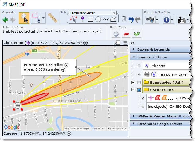 A derailed tank car location is marked with a symbol object on this sample map, and an ALOHA threat zone estimate shows where the chemical might travel downwind if the tank ruptures. The toolbar and panel surround the map, giving easy access to tools and menus.